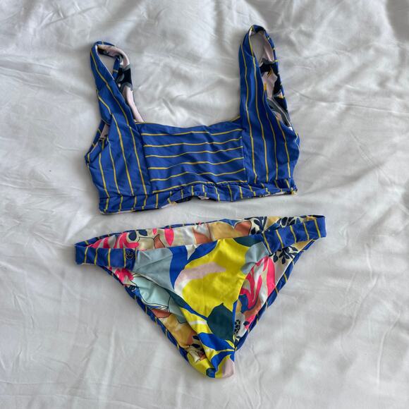 Maaji Sporty Reversible Bikini Set Blue Stripe Floral Women’s Size S - Picture 1 of 5